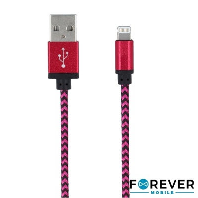 Cabo USB Lightning vermelho com cabo trançado preto e rosa