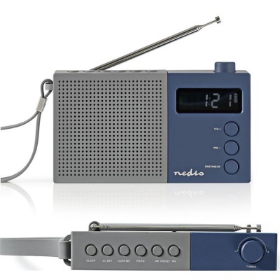 Rádio portátil Nedis azul e cinzento com visor digital e botões de controlo