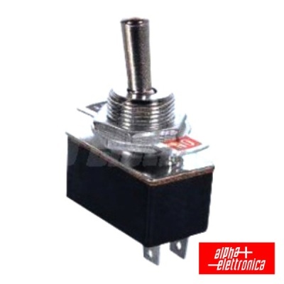 Interruptor basculante metálico com base preta e três terminais