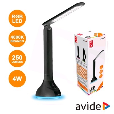 Candeeiro de secretária preto LED 4W com base iluminada azul e embalagem ao lado