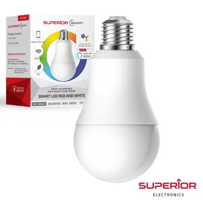 Lâmpada LED inteligente branca Superior Smart ao lado da caixa do produto colorida