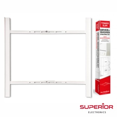 Suporte branco para empilhar máquina de lavar e secar roupa com embalagem vermelha e branca da Superior Electronics