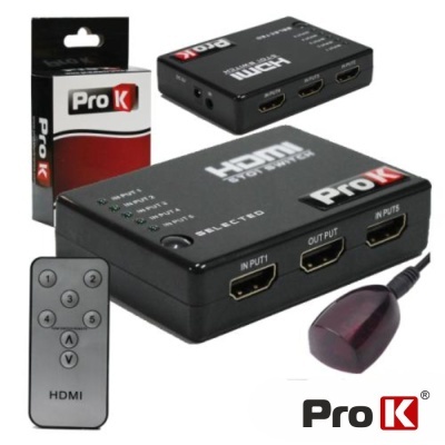 Dispositivo HDMI seletor Pro K preto com comando remoto e sensor infravermelho