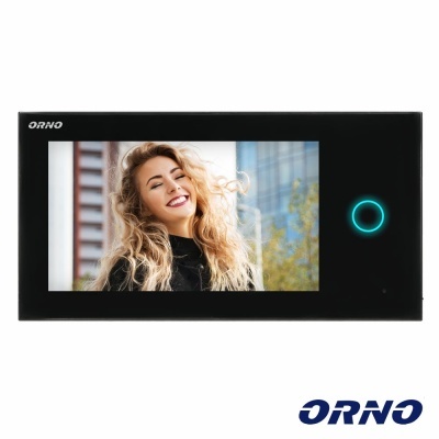 Monitor de vídeo preto com ecrã a cores e botão iluminado azul