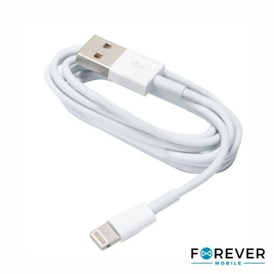 Cabo USB branco com conector Lightning e logótipo FOREVER MOBILE