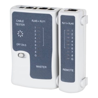 Dispositivo testador de cabos branco e cinza com indicadores LED e textos RJ45 + RJ11, OFF, ON, MASTER e REMOTE