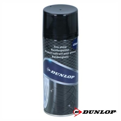 Spray preto Dunlop para brilho de pneus 450 ml com texto multilingue e imagem de pneu.
