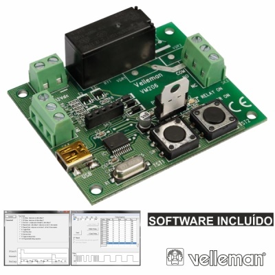 Placa eletrónica Velleman VL206 verde com componentes pretos e texto SOFTWARE INCLUÍDO.