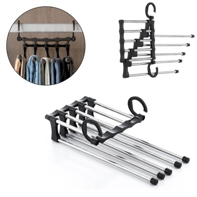 Cabide organizador de calças metálico com estrutura preta e cinco varões para pendurar