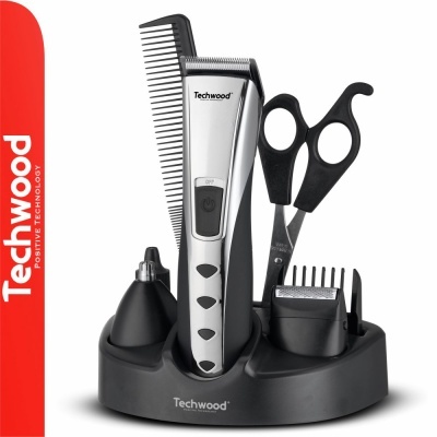 Kit de corte de cabelo Techwood com máquina, tesoura, pentes e aparador de nariz em base preta