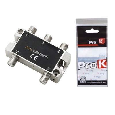Divisor de sinal satélite Pro K modelo SP44 com seis conectores e embalagem ao lado