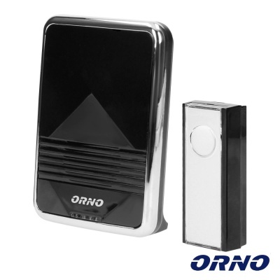 Campainha eletrónica preta e prateada com botão branco e logótipo ORNO