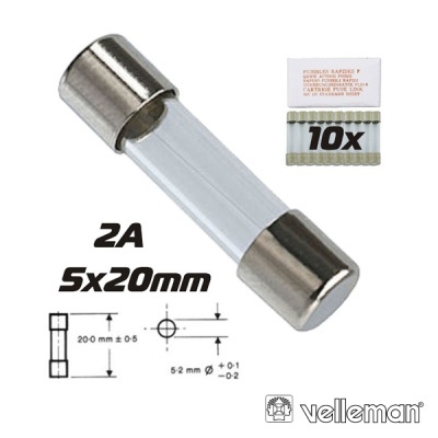 Fusível cilíndrico de vidro 2A 5x20mm com embalagem e esquema técnico