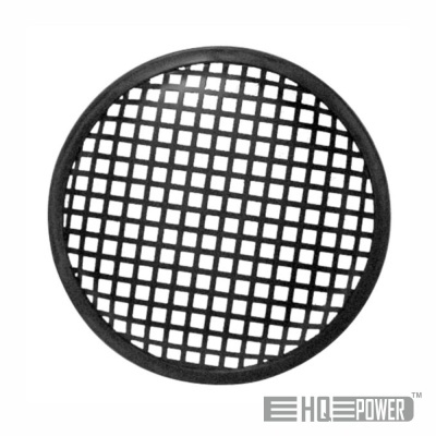 Grade circular preta com padrão de grelha quadrada e logo HQ POWER