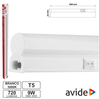 Luminária LED branca Avide T5 de 600 mm com botão ligar/desligar