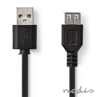 Cabo USB preto com conector USB A macho e USB A fêmea em fundo branco