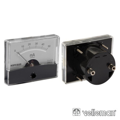 amperímetro analógico preto e transparente com escala de 0 a 50 mA