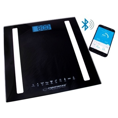 Balança digital preta com visor azul e smartphone ao lado mostrando app