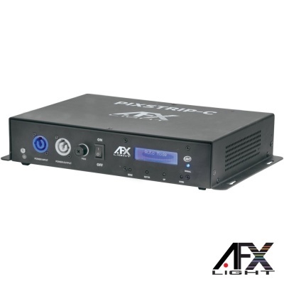 Controlador de iluminação AFX PIX-STRIP-C em caixa metálica preta com ecrã LCD azul