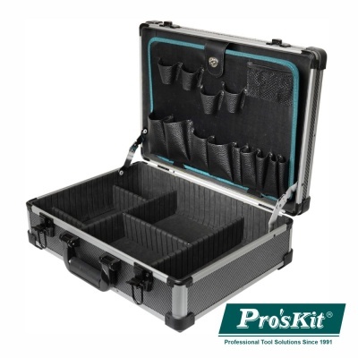 Mala de ferramenta Pro'sKit preta e azul com compartimentos e bolsos interiores