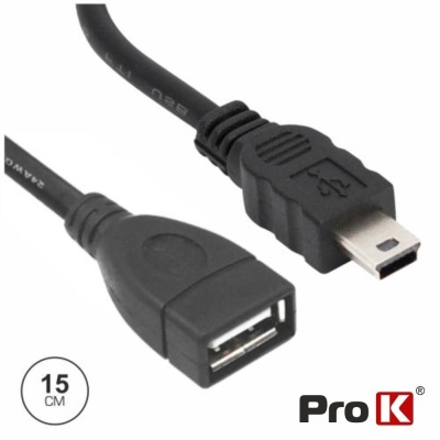 Cabo adaptador USB preto com conector USB A fêmea e conector Mini USB macho