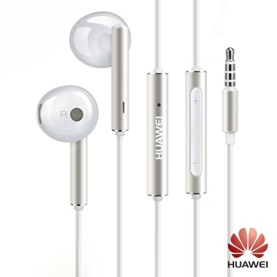 Fones de ouvido Huawei brancos com controle e conector jack 3,5 mm