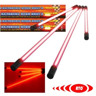 Varas fluorescentes vermelhas com pontas pretas e embalagens com texto DUPLON RACING e logotipo RTO