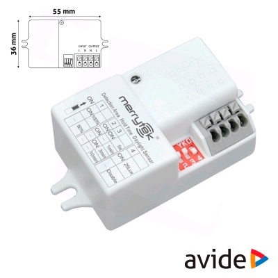 Módulo eletrónico branco Merrytek com interruptores vermelhos e conectores pretos, dimensões 55x36 mm