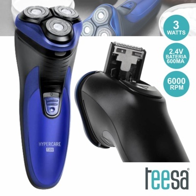Aparelho de barbear elétrico azul e preto Teesa com três lâminas e aparador