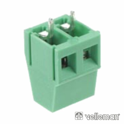 Conector eletrônico verde de 2 pinos sobre fundo branco