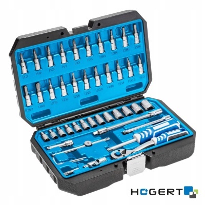 Conjunto de ferramentas HOGERT com chaves de fendas e soquetes num estojo preto e azul