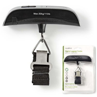 Balança digital para bagagem preta com alça e gancho, exibida junto com embalagem branca e verde.
