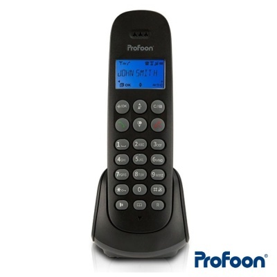 Telefone fixo sem fio preto Profoon com ecrã azul e teclado numérico