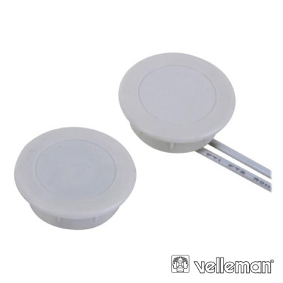 Dois painéis LED embutidos brancos com fios, fundo branco, logo velleman