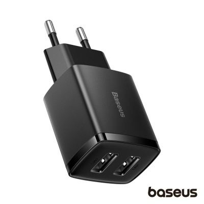 Carregador de parede preto Baseus com duas portas USB e ficha europeia