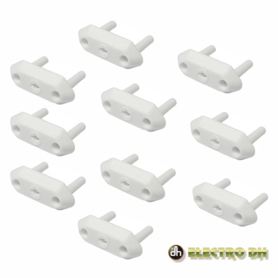 Dez tampas de plástico branco com pinos, fundo branco, logótipo Electro DH