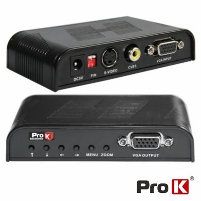Conversor de vídeo ProK Electronics preto com várias conexões e botões