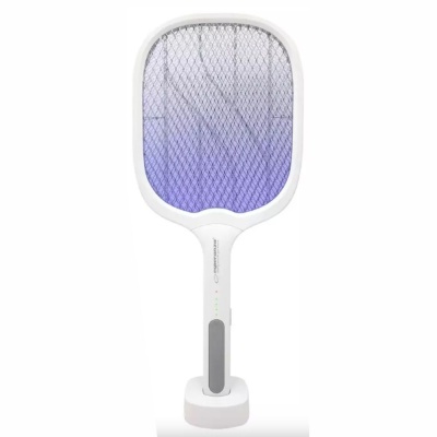 Raquete elétrica para insetos branca com rede azul iluminada e base
