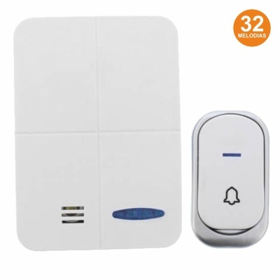 Campainha eletrónica branca com botão e indicador azul e etiqueta '32 MELODIAS'