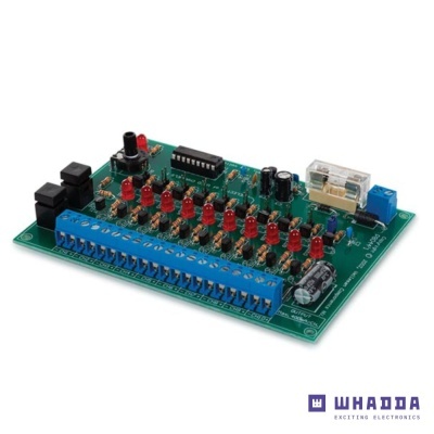 Placa eletrónica verde com LEDs vermelhos e conectores, logótipo WHADDA