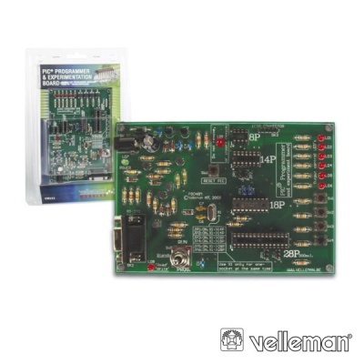 Placa eletrónica de programação PIC com LEDs, resistores e componentes em verde