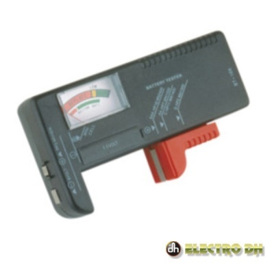 Teste de bateria preto com indicador analógico colorido e clipe vermelho