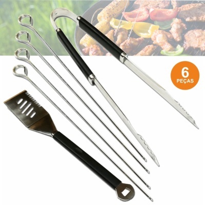 Conjunto de utensílios para churrasco com 6 peças em aço inox e cabo preto