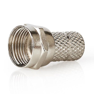 Conector coaxial metálico prateado com rosca e textura estriada