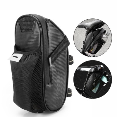 Bolsa para selim de bicicleta preta com bolso em malha e tiras adesivas