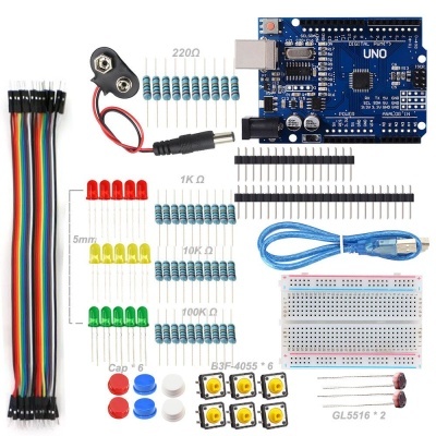 Kit de componentes eletrónicos com placa Arduino UNO, LEDs, resistências, cabos e placa de prototipagem