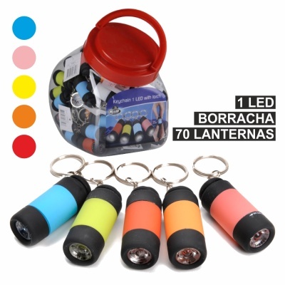 Recipiente com 70 lanternas LED de borracha coloridas com chaveiro