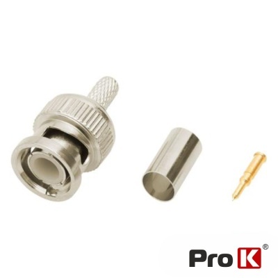 Conector BNC desmontado em três partes com isolante branco e logótipo Pro K