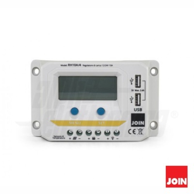 Regulador de carga branco modelo RH1GA-L4 com ecrã digital, botões azuis e portas USB