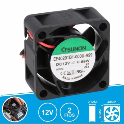 Ventoinha SUNON preta de 12V com etiqueta verde e branca, 40x40x20mm